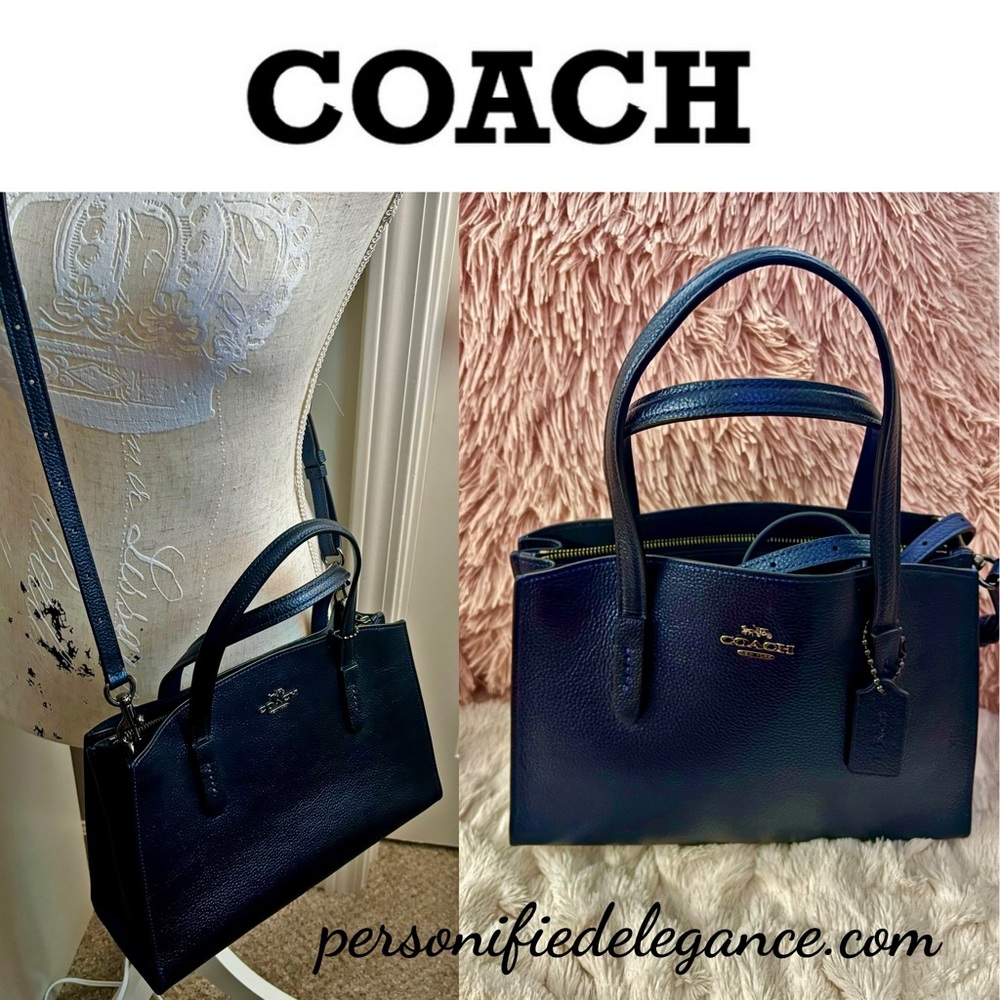 Coach Charlie Medium Metallic Blue Polished Pebble Leather Carryall Bag RARE